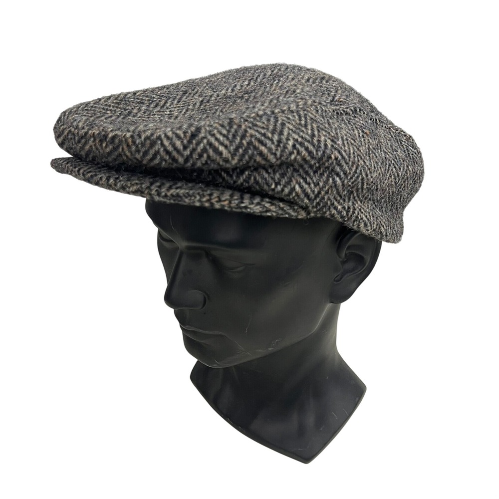 Vintage 80s Brooks Woolen Co British Wool Herringbone Newsboy Hat Grey Medium